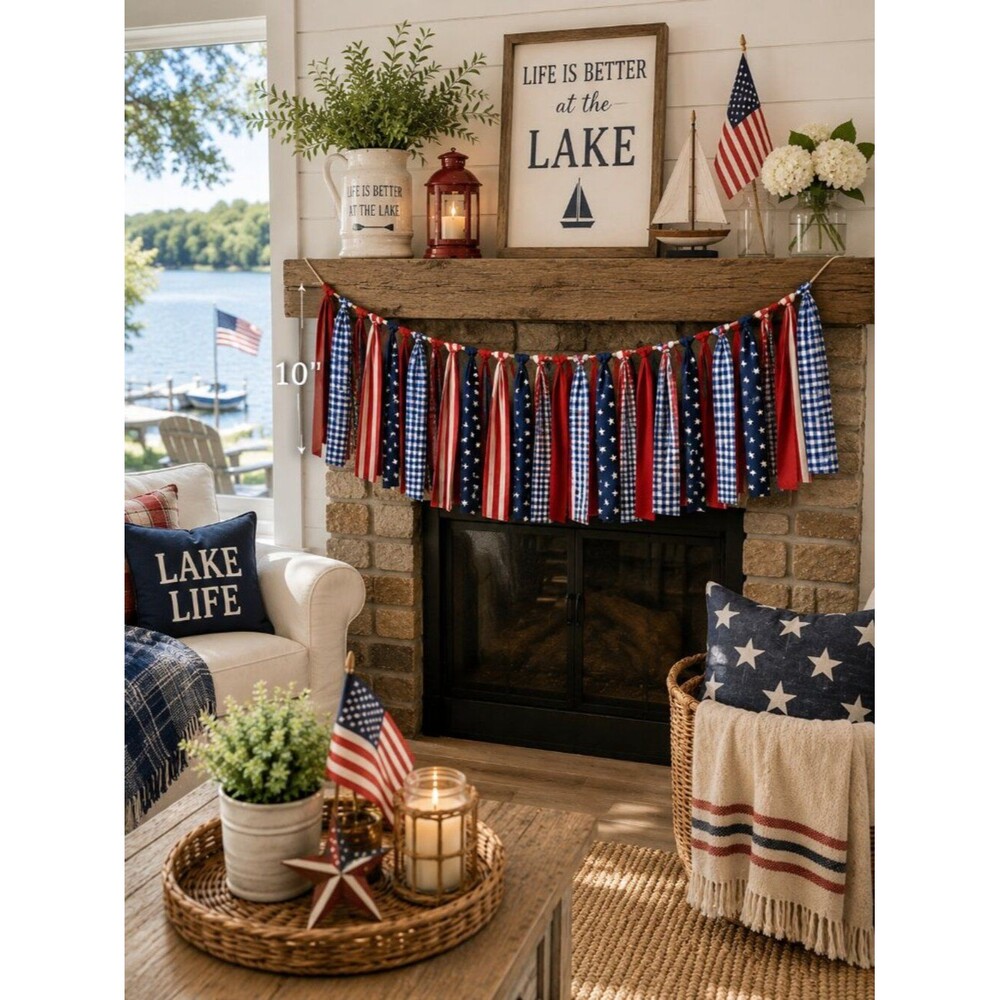 Patriotic fabric tassel garland classic red white and blue bunting decor 96"x10"